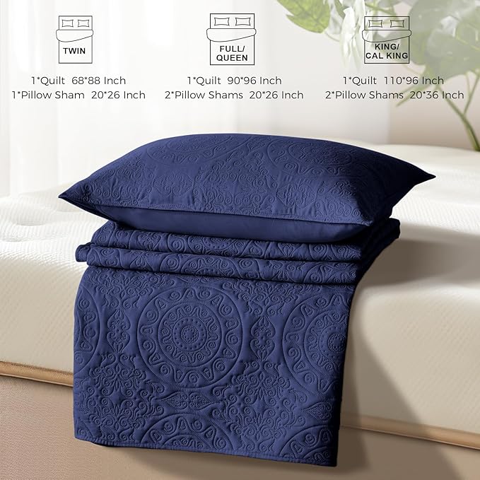 WURUIBO Navy Blue Quilt Set King/Cal King Size, Embossing Microfiber Bedspreads - Image 7