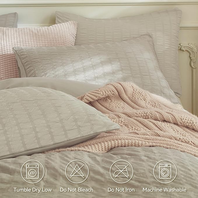 JELLYMONI Light Khaki Duvet Cover King Size, Soft Breathable Seersucker Duvet - Image 4