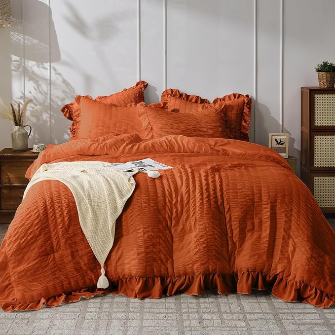 JOLLYVOGUE Burnt Orange Twin Size Comforter Set, 2 Pieces Seersucker by JOLLYVOGUE