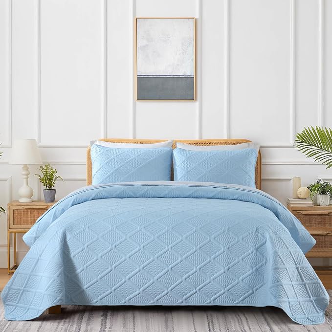 Yiran Ash Blue Quilt Set King Size, 3 Piece Reversible Bedspreads Bedding Set - Image 2