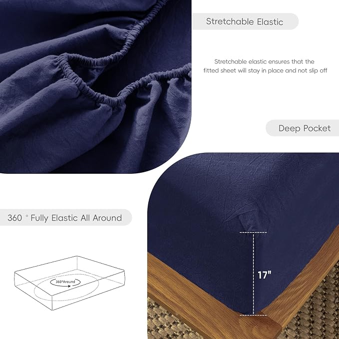 MooMee Fitted Bottom Sheet Only 100% Washed Cotton Linen Like Textured - Image 6