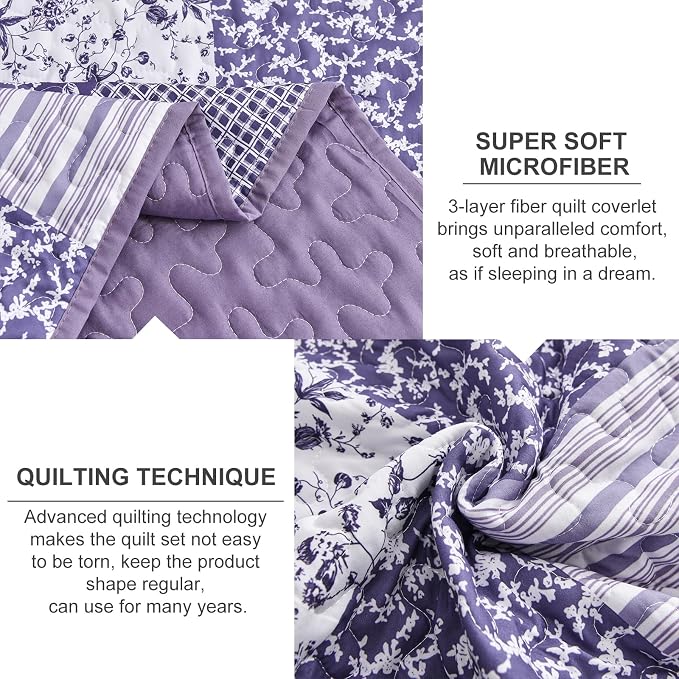 Mybedsoul Purple Quilt Set Queen Size, 3 Pieces Boho Floral Plaid Bedspread - Image 4