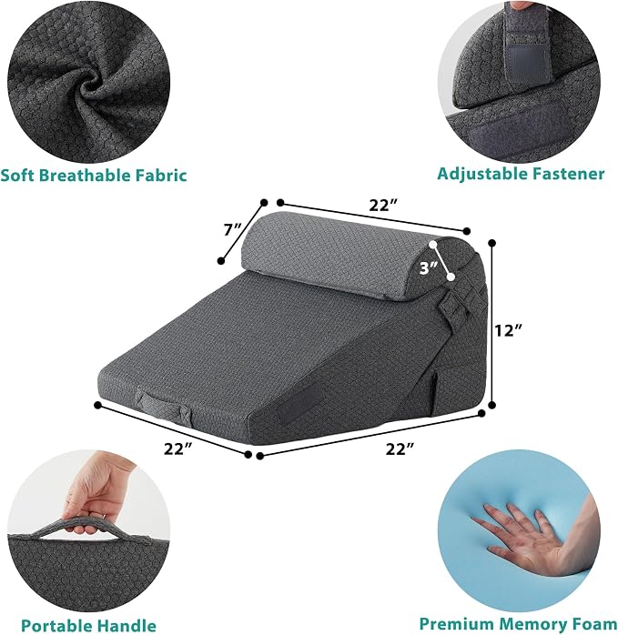 Bedluxe Adjustable 4pcs Bed Wedge Pillow Set, Memory Foam Wedge Pillow Post - Image 6