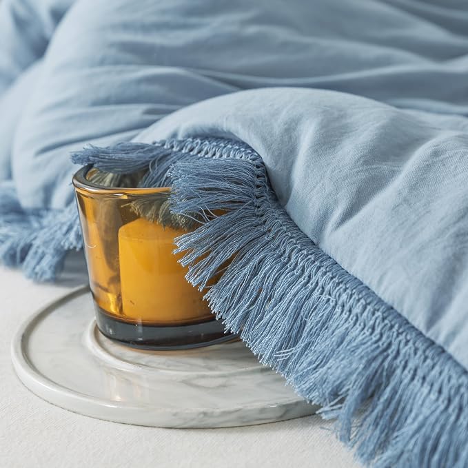 Andency Grayish Blue Comforter Set Queen Size, 3 Pieces Boho Tassel Lightweight - Image 5
