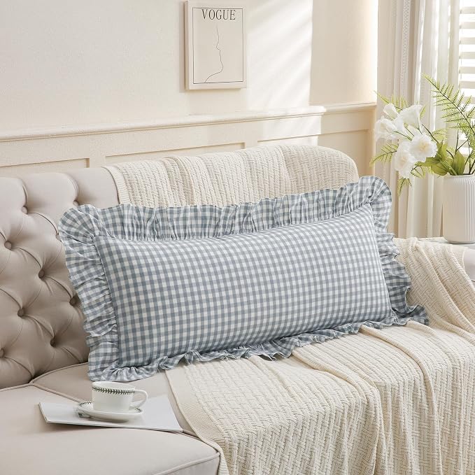 Light Blue/White Ruffled Long Lumbar Gingham Pillow Sham 14x36 inches 1 Piece - Image 4