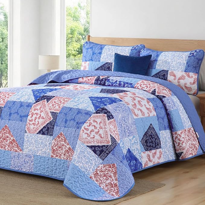 Mybedsoul Blue Patchwork Queen Size Quilt, Cozy Boho Floral Spring Bedspreads - Image 2