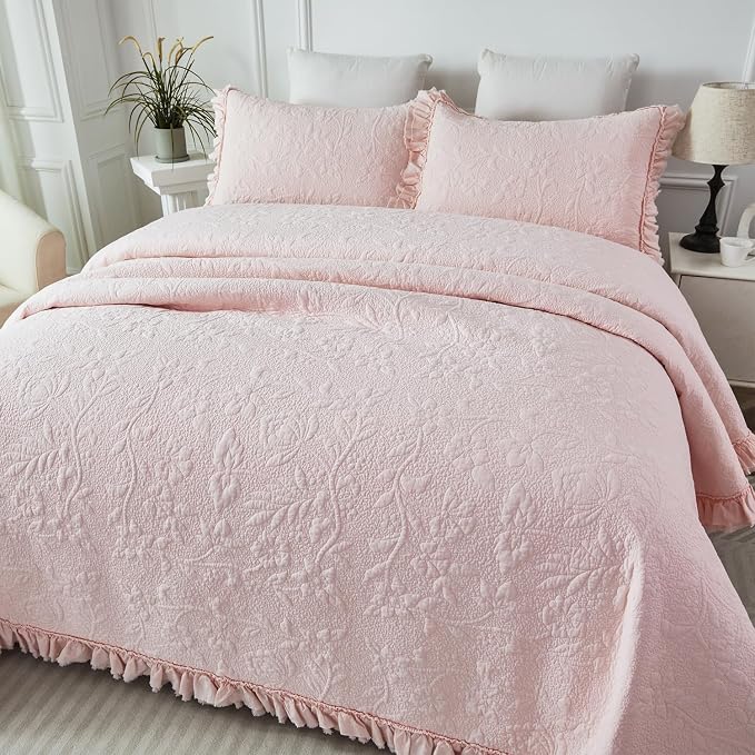 Brandream Light Pink Quilt Set King Size Cotton Shabby Chic Bedding Matelasse - Image 2