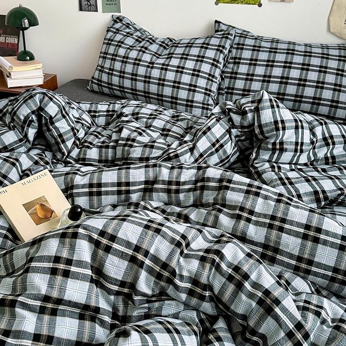 mixinni Vintage Grey & Pale Blue Buffalo Plaid Duvet Cover Set Queen Size - Image 3