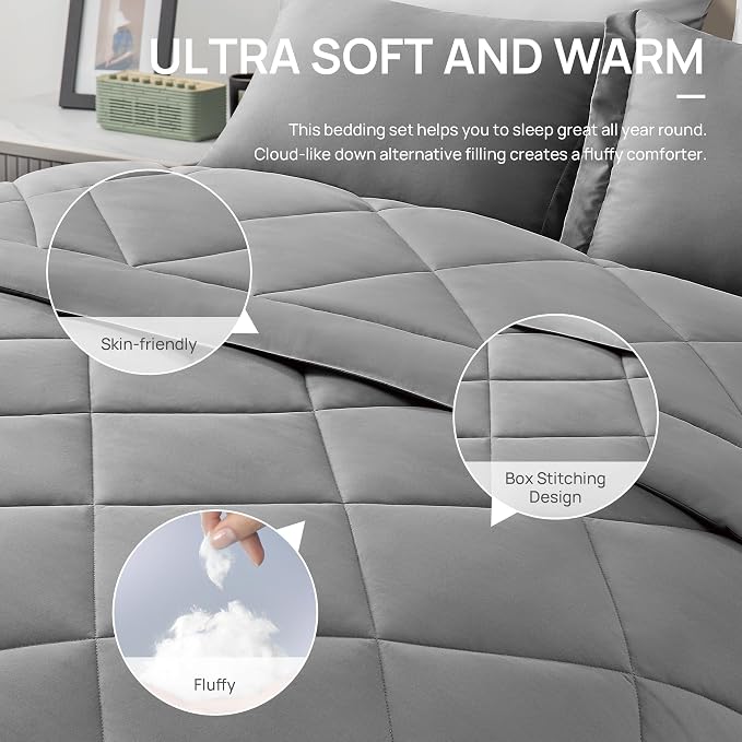 Love's cabin Twin XL Comforter Set Grey, 5 Pieces Twin XL Bed in a Bag - Image 5
