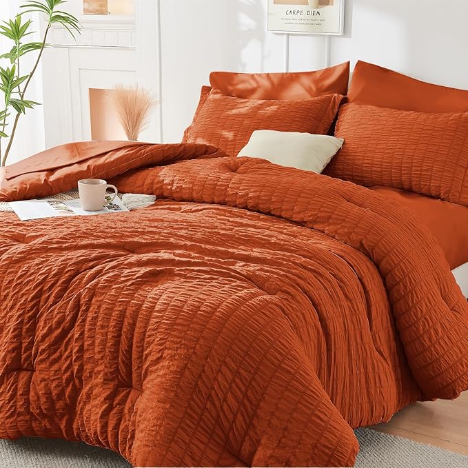 HYMOKEGE Burnt Orange Queen Comforter Set Seersucker 7 Pieces, All Season by HYMOKEGE