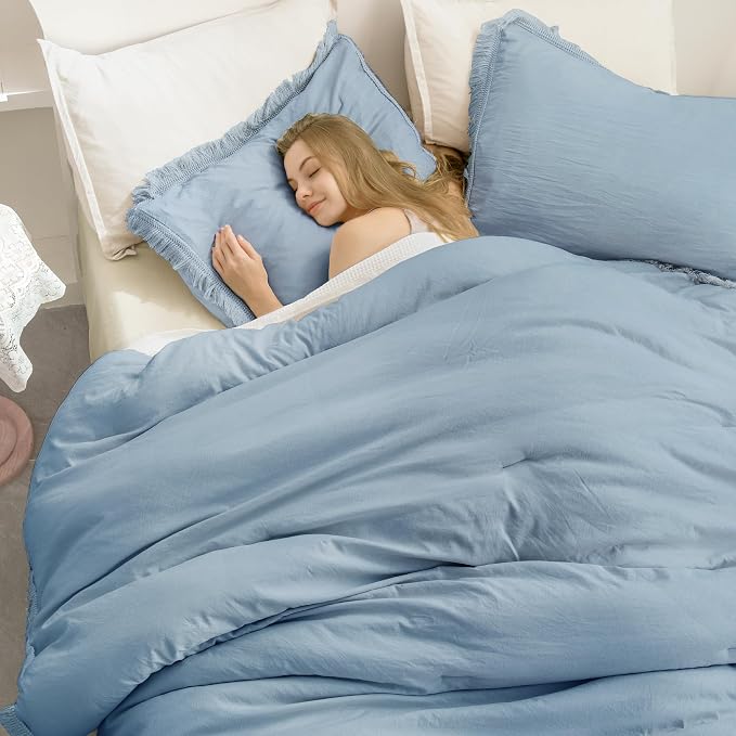 Andency Grayish Blue Comforter Set Queen Size, 3 Pieces Boho Tassel Lightweight - Image 6
