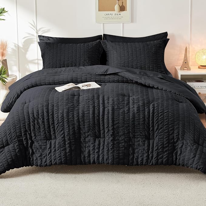HYMOKEGE Black Twin Comforter Set Seersucker 5 Pieces, All Season Luxury Bed in - Image 9