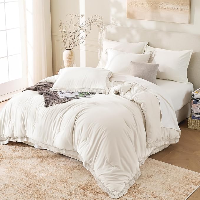 Andency King Size Comforter Set Beige, 3 Pieces Boho Lightweight Tassel Fluffy - Image 4