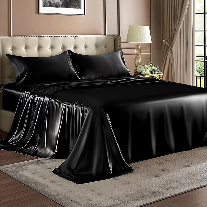 BEDELITE King Size Sheets Set, Luxury Soft Black Satin Sheets - Image 8
