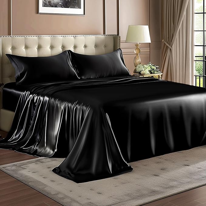 BEDELITE California King Sheets Set, Luxury Soft Black Satin Sheets - Image 8