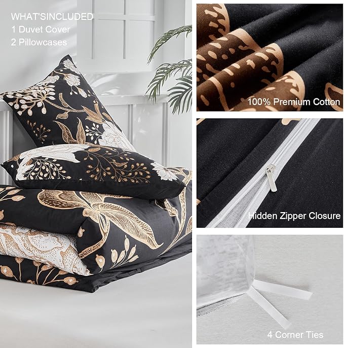 mixinni Floral Duvet Cover Queen Size, 3 Pieces White Flowers and Gold Leaves - Image 6
