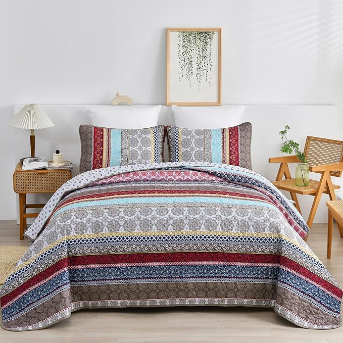 WONGS BEDDING Boho Quilt Set King Size, Lightweight Microfiber Bedspread - Image 2