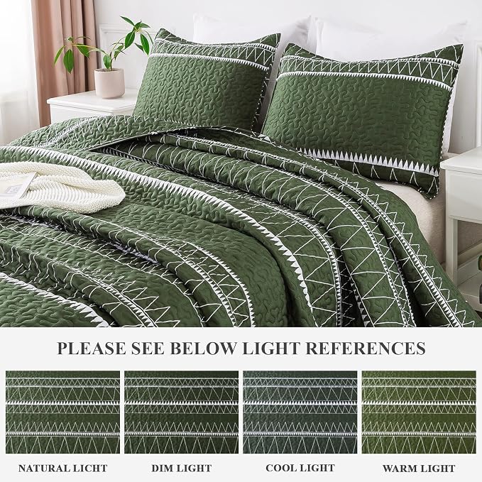 Andency Green King Size Quilt Set, 3 Pieces Boho Lightweight Soft Striped - Image 4