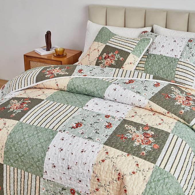 Patchwork Quilt Set Twin Size, 2 Pieces Green White Floral Plaid Design Summer - Image 4