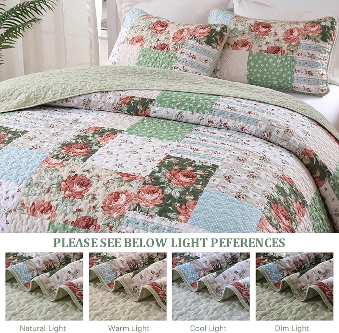 Anibedding Green Patchwork Quilt Set King Size, Bohemian Red Flower Green Plaid - Image 8