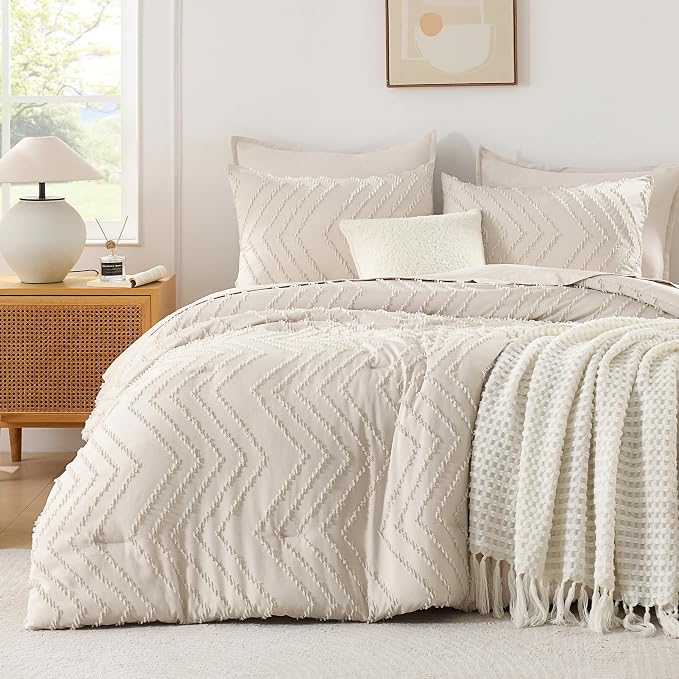 Andency Queen Comforter Set Beige, Comforters Queen Size Boho Cream Soft Warm - Image 2