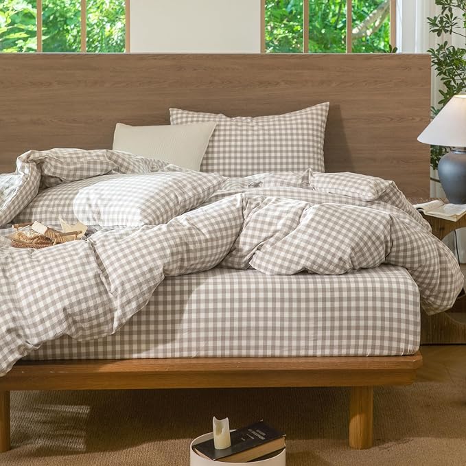 MooMee Gingham Duvet Cover Set 100% Washed Cotton Linen Like Textured - Image 5
