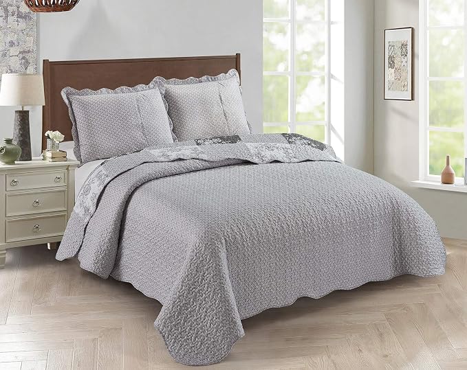 Brilliant Sunshine Grey Toile Floral Patchwork, 3-Piece Quilt Set - Image 2