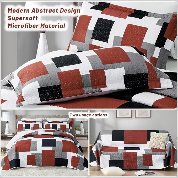 Tyrot 3 Piece Burnt Orange Grey Quilt Set California King Size Black White - Image 3