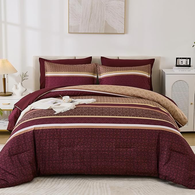 WONGS BEDDING Burgundy Comforter Set King Size, 7 Pieces Maroon Striped Bed in - Image 2