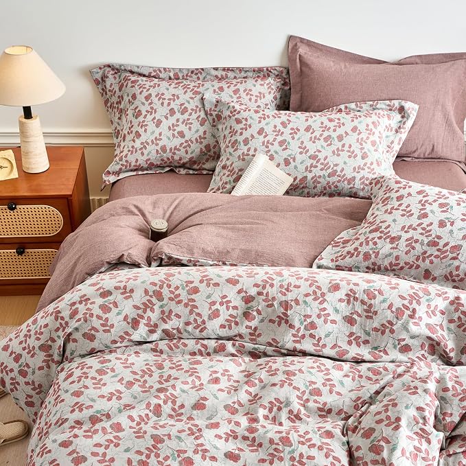 mixinni 100% Washed Cotton Duvet Cover Set, Reversible Vintage Floral Jacquard - Image 6