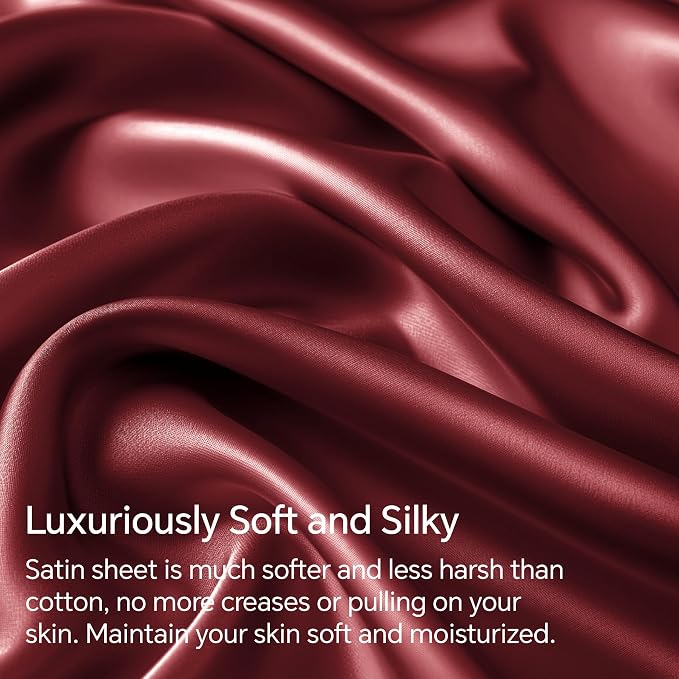 BEDELITE King Size Sheets Set, Luxury Soft Burgundy Satin Sheets - Image 3
