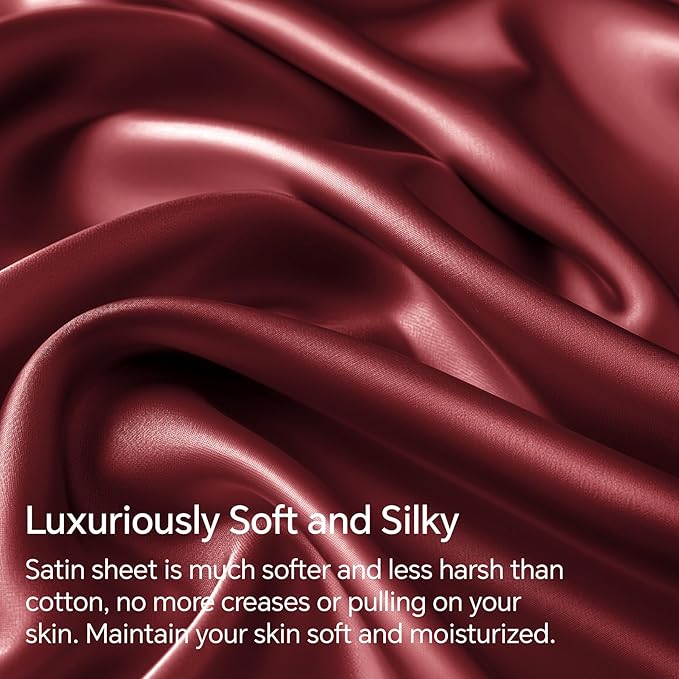BEDELITE California King Sheets Set, Luxury Soft Burgundy Satin Sheets - Image 3