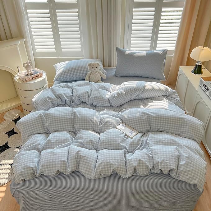 mixinni Light Blue Gingham Duvet Cover Set King Size - Image 3