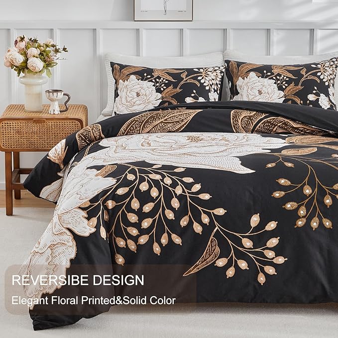 mixinni Floral Duvet Cover Queen Size, 3 Pieces White Flowers and Gold Leaves - Image 3