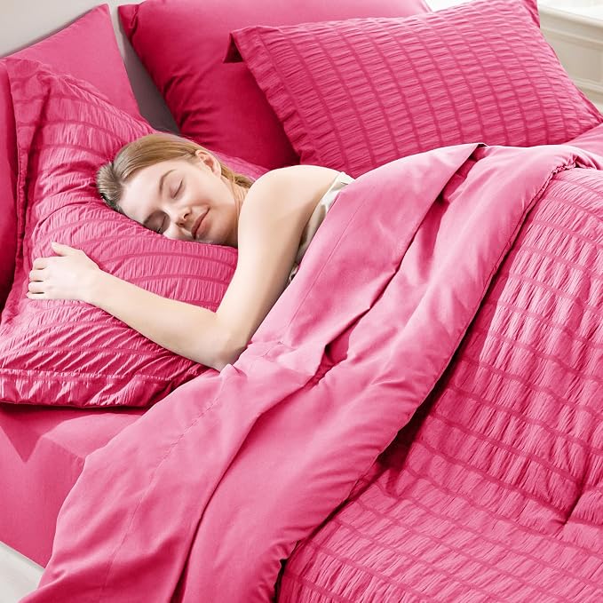 CozyLux King Size Comforter Set Hot Pink Seersucker 7 Pieces Bed in a Bag King - Image 7