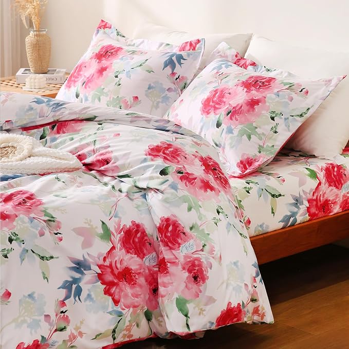 JSD Rose Floral Duvet Cover Set Queen Size, 3 Piece Soft Printed Microfiber - Image 2
