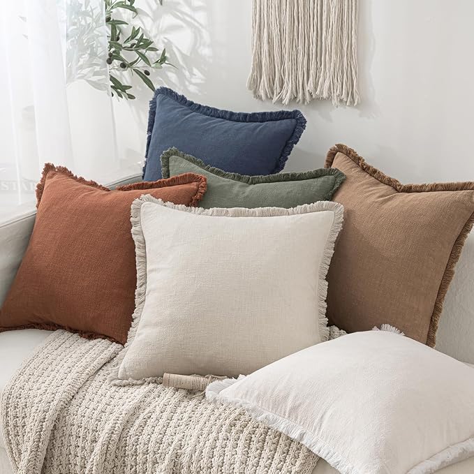 MIULEE Decorative Throw Pillow Covers Neutral Linen Fringe Throw Pillows Set of - Image 2