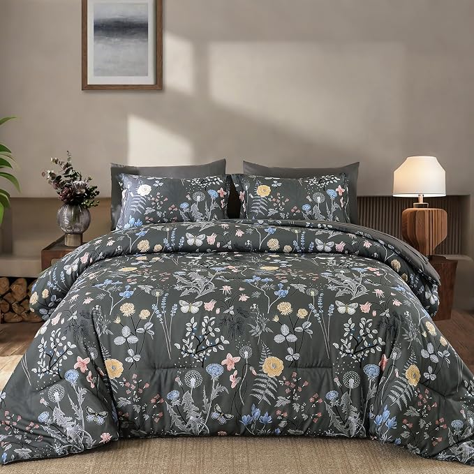Yiran 7 Piece Grey Floral Comforter Set Queen Size, Botanical Flowers Bed in a - Image 9