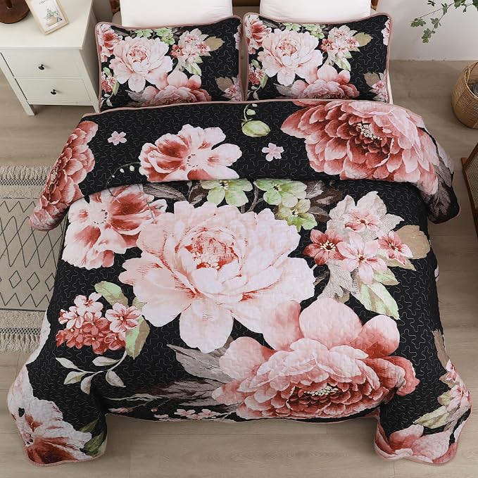 WONGS BEDDING Black Quilt Set Queen, 3 Pieces Pink Floral Bedspreads - Image 2