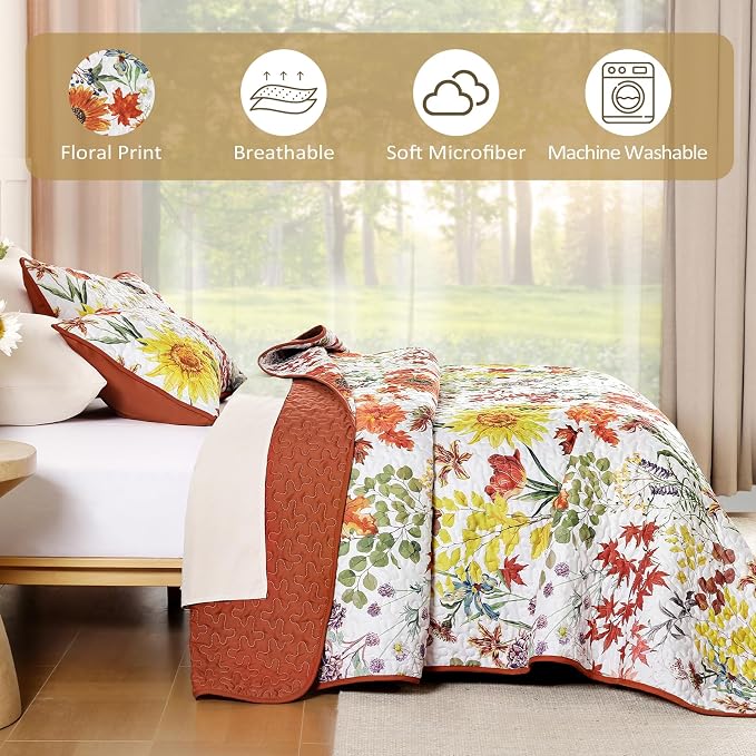 Yiran Fall Floral Quilt Set Queen Size, 3 Pieces Soft Lightweight Microfiber - Image 6
