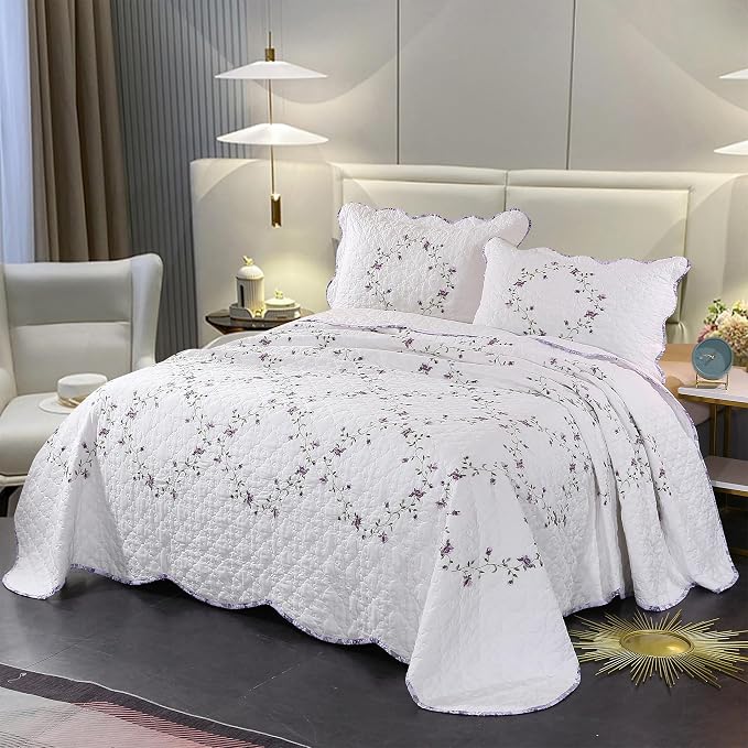 Quilt Set Purple Floral 3D Embroidery Pattern 2 PCS 100% Cotton Reversible - Image 2
