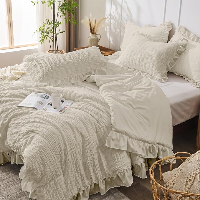 JOLLYVOGUE Queen Comforter Set, 3 Pieces Oatmeal Seersucker Comforters Queen - Image 7