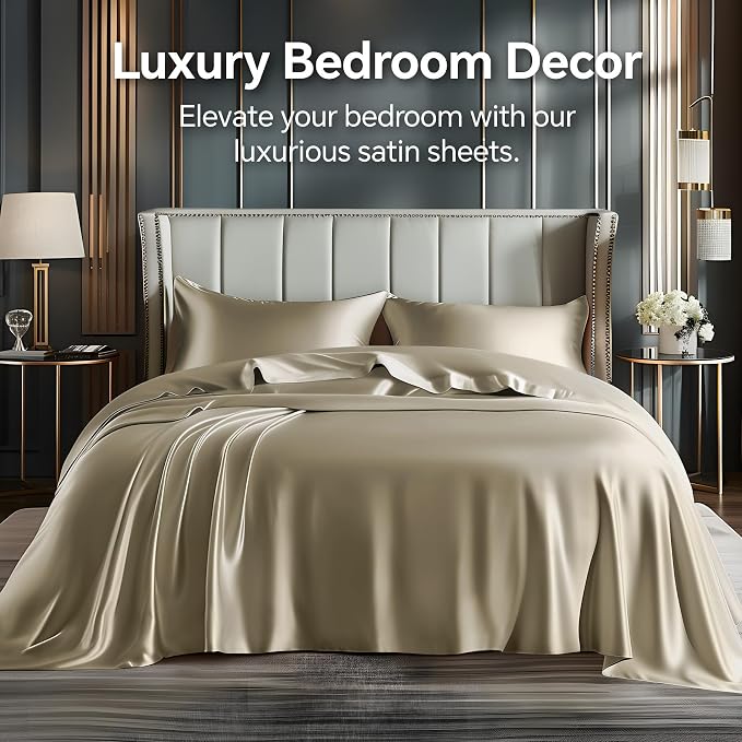 BEDELITE King Size Sheets Set, Luxury Soft Taupe Satin Sheets - Image 2