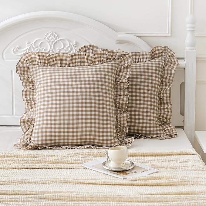 Taupe/White Plaid Euro Pillow Shams Ruffle Pillowcases Set of 2, Shabby - Image 3
