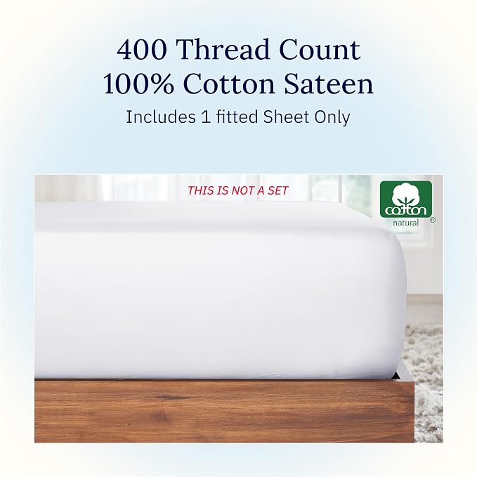 California Design Den Twin Fitted Sheet White, 100% Cotton 400 Thread Count - Image 5