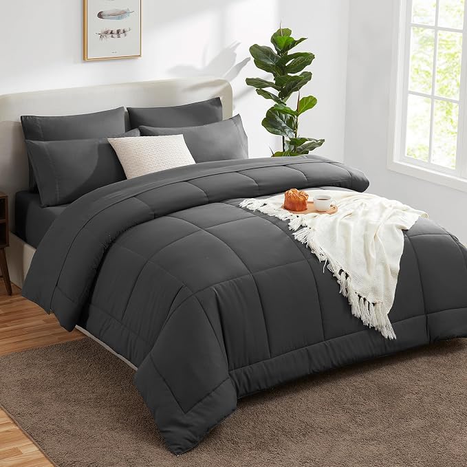 CozyLux Full Size Comforter Sets Dark Grey, 7 Pieces Bed in a Bag, Dark Grey - Image 8