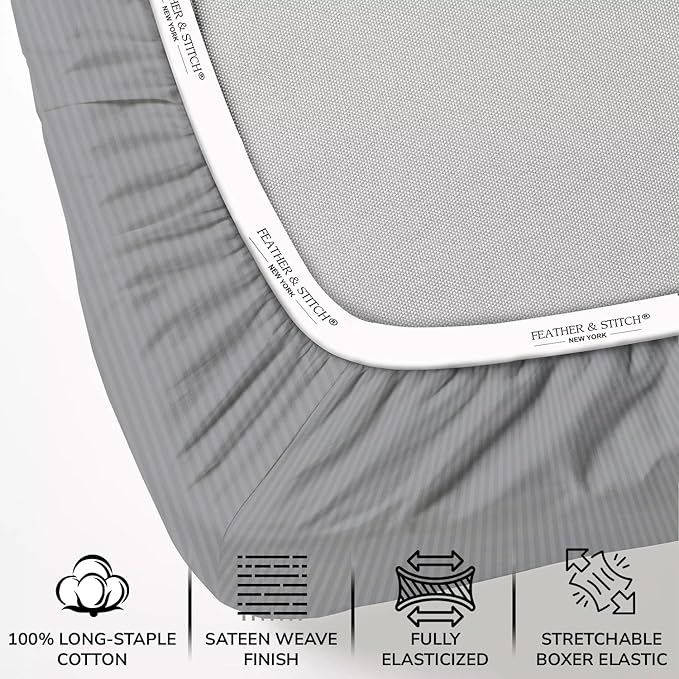 Feather & Stitch 1 Piece Fitted Sheet Queen Size, 100% Cotton Damask Sateen - Image 2