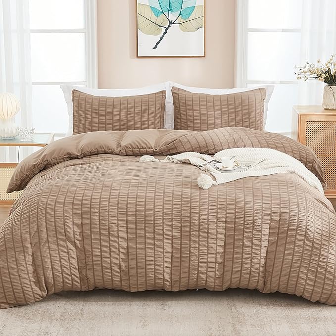 AveLom Taupe Duvet Cover King, 3 Pieces, Seersucker Striped Soft Washed by AveLom