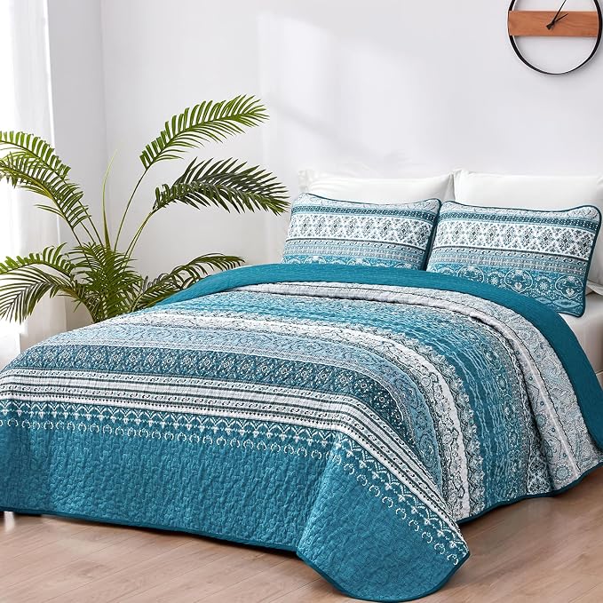 WONGS BEDDING Boho Queen Quilt Set, Teal and Blue Bohemian Quilt Bedding Set - Image 2