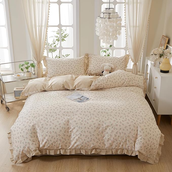 mixinni Beige Floral Duvet Cover Full Size, 100% Cotton Cute Strawberry Floral - Image 9